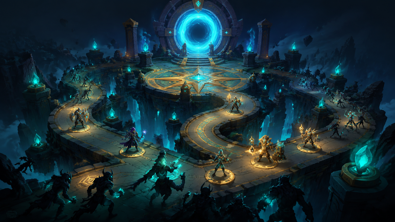 Original illustrated expedition battlefield with a glowing portal and defender route